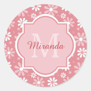 Girly Monogram Cute Pink Daisy Flowers With Name Classic Round Sticker