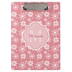 Girly Monogram Cute Pink Daisy Flowers With Name Clipboard