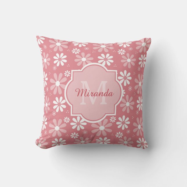 Girly Monogram Cute Pink Daisy Flowers With Name Cushion (Front)