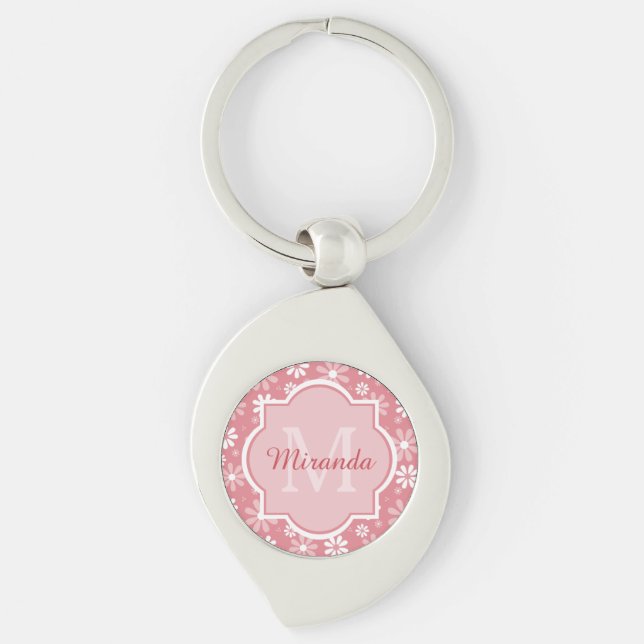 Girly Monogram Cute Pink Daisy Flowers With Name Key Ring (Front)