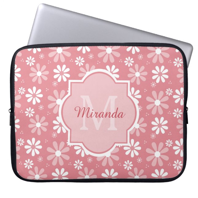 Girly Monogram Cute Pink Daisy Flowers With Name Laptop Sleeve (Front)