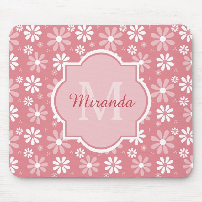 Girly Monogram Cute Pink Daisy Flowers With Name Mouse Pad (Front)