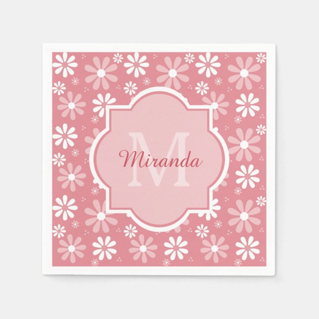 Girly Monogram Cute Pink Daisy Flowers With Name Napkin (Front)