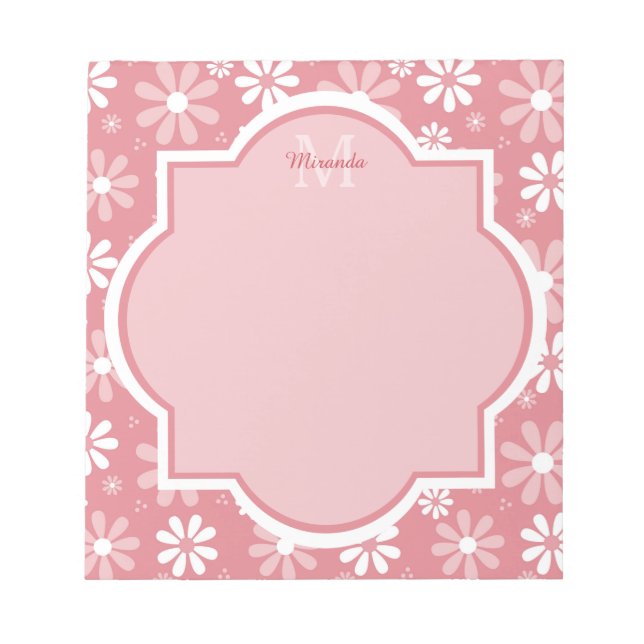 Girly Monogram Cute Pink Daisy Flowers With Name Notepad (Front)