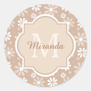 Girly Monogram Cute Tan Daisy Flowers and Name Classic Round Sticker