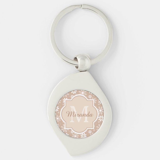 Girly Monogram Cute Tan Daisy Flowers and Name Key Ring (Front)
