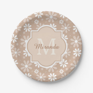 Girly Monogram Cute Tan Daisy Flowers and Name Paper Plate