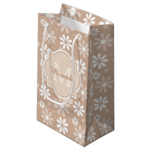 Girly Monogram Cute Tan Daisy Flowers and Name Small Gift Bag