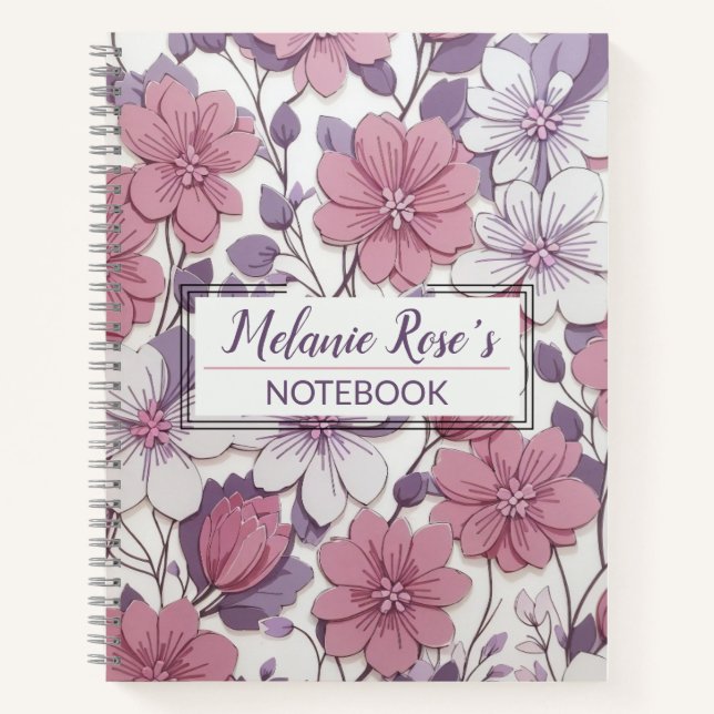 Girly Monogram Floral Pattern Personalised Name Notebook (Front)