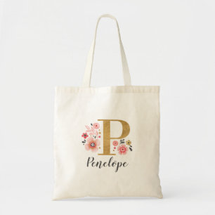 Girly Monogram Initial Letter "P" Floral Tote Bag