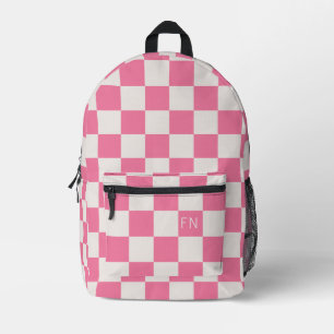 Girly Monogram Initials & Bright Pink Chequerboard Printed Backpack