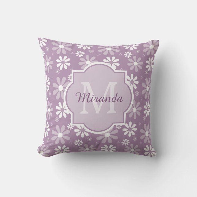 Girly Monogram Light Purple Daisy Flowers and Name Cushion (Front)