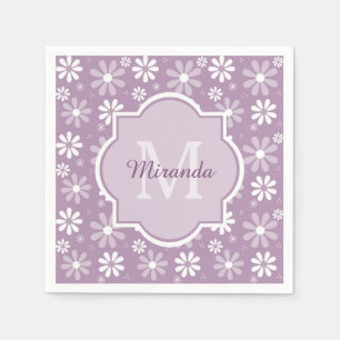 Girly Monogram Light Purple Daisy Flowers and Name Napkin