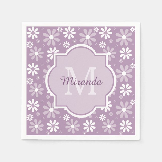 Girly Monogram Light Purple Daisy Flowers and Name Napkin (Front)