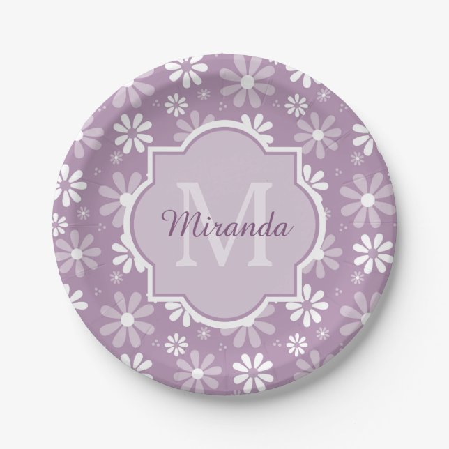 Girly Monogram Light Purple Daisy Flowers and Name Paper Plate (Front)