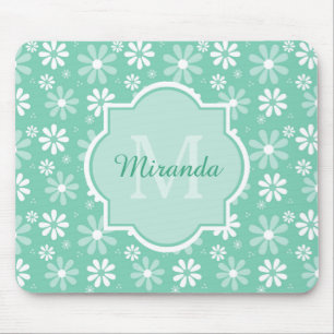 Girly Monogram Mint White Daisy Flowers With Name Mouse Pad
