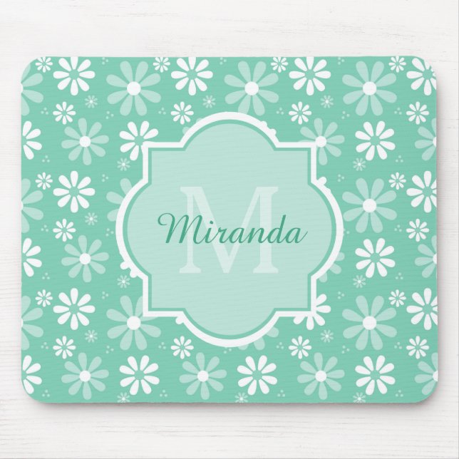 Girly Monogram Mint White Daisy Flowers With Name Mouse Pad (Front)