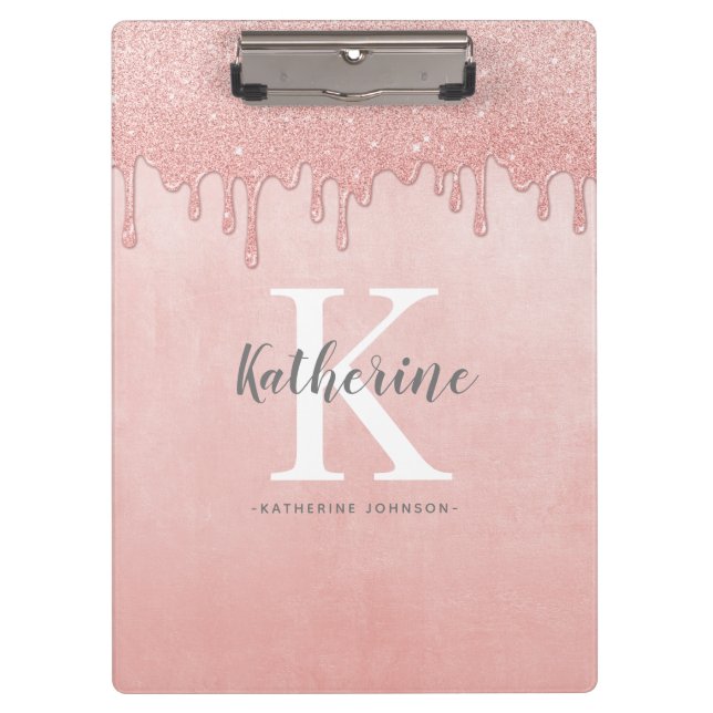 Girly Monogram Name Blush Pink Dripping Glitter Clipboard (Front)