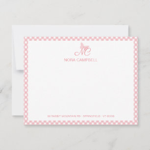 Girly Monogram Name Peach Pink Gingham Border Card