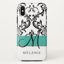 Girly Monogram Name Turquoise Black White Damask