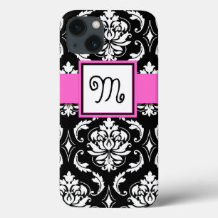 GIRLY MONOGRAM, PINK, BLACK DAMASK PATTERN iPhone 13 CASE