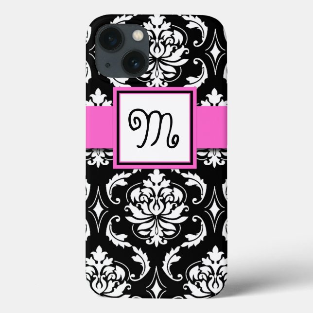 GIRLY MONOGRAM, PINK, BLACK DAMASK PATTERN Case-Mate iPhone CASE (Back)