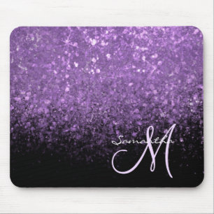 Girly Monogram Purple Glitter Sparkle & Black Mouse Pad