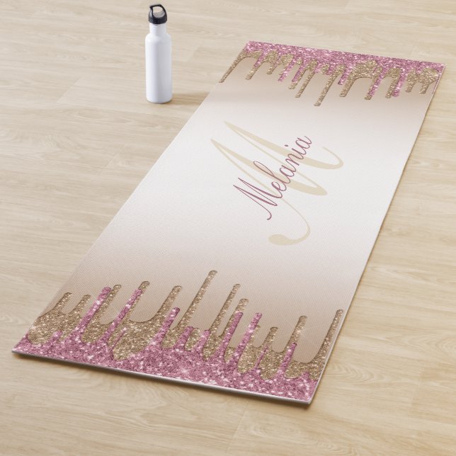 girly monogram purple gold dripping glitter yoga mat (In Situ)