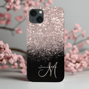 Girly Monogram Rose Gold Glitter & Black  iPhone 13 Case