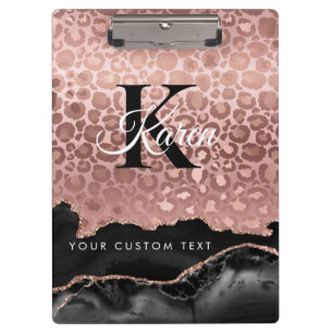 Girly Monogram Rose Gold Leopard And Black Marble Clipboard