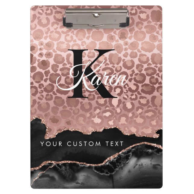 Girly Monogram Rose Gold Leopard And Black Marble Clipboard (Front)