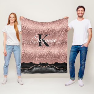 Girly Monogram Rose Gold Leopard And Black Marble Fleece Blanket