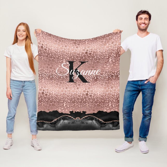 Girly Monogram Rose Gold Leopard And Black Marble Fleece Blanket (In Situ)