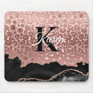 Girly Monogram Rose Gold Leopard And Black Marble Mouse Pad