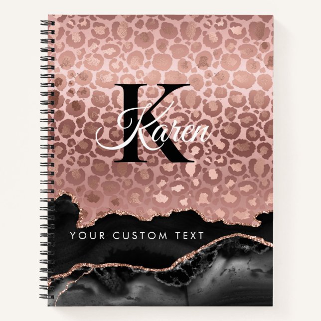 Girly Monogram Rose Gold Leopard And Black Marble Notebook (Front)