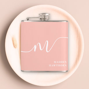 Girly Monogram Script Calligraphy Coral Blush Pink Hip Flask