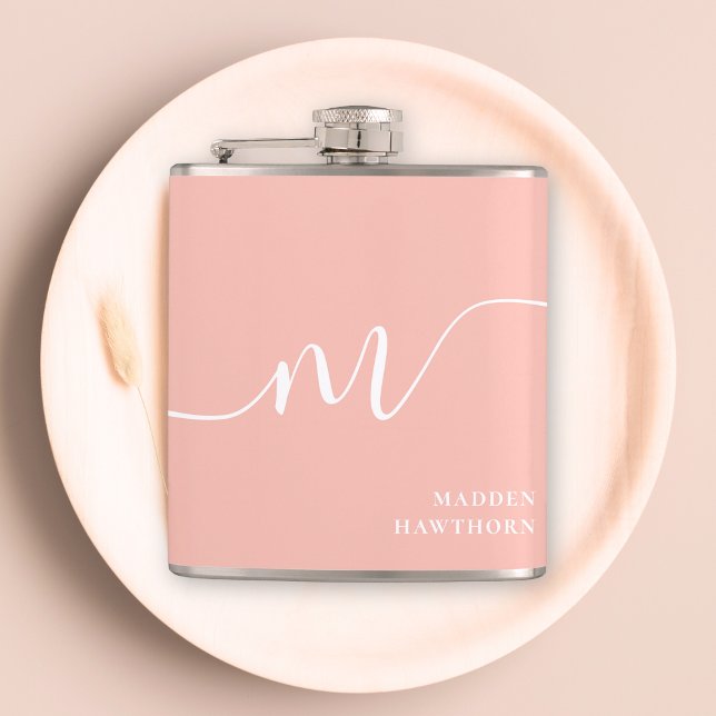 Girly Monogram Script Calligraphy Coral Blush Pink Hip Flask (Creator Uploaded)