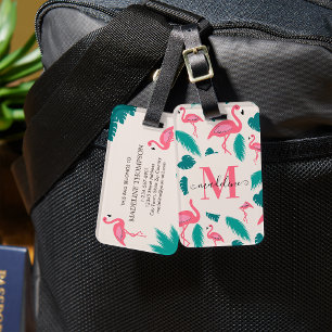 Girly Monogram Tropical Leaves Hot Pink Flamingo Luggage Tag