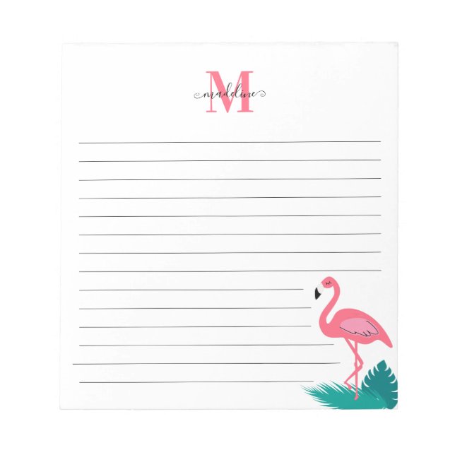 Girly Monogram Tropical Leaves Pink Flamingo Lined Notepad (Front)