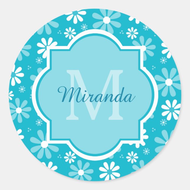 Girly Monogram Turquoise Daisy Flowers With Name Classic Round Sticker (Front)