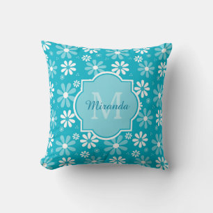 Girly Monogram Turquoise Daisy Flowers With Name Cushion