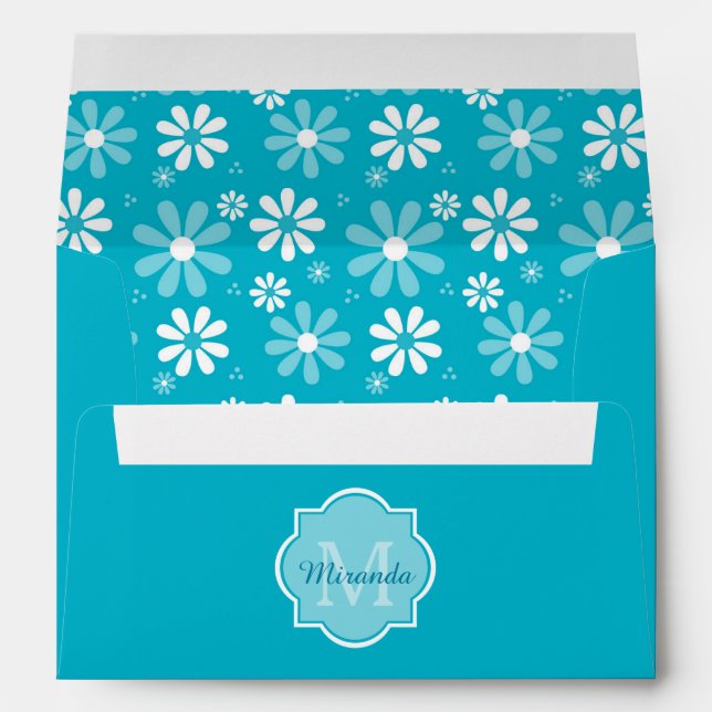 Girly Monogram Turquoise Daisy Flowers With Name Envelope (Back (Bottom))