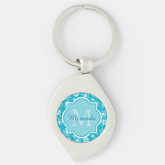 Girly Monogram Turquoise Daisy Flowers With Name Key Ring (Front)