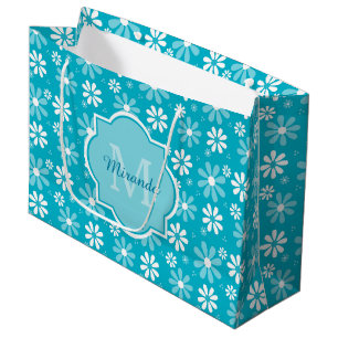 Girly Monogram Turquoise Daisy Flowers With Name Large Gift Bag