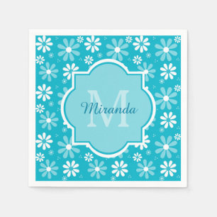 Girly Monogram Turquoise Daisy Flowers With Name Napkin