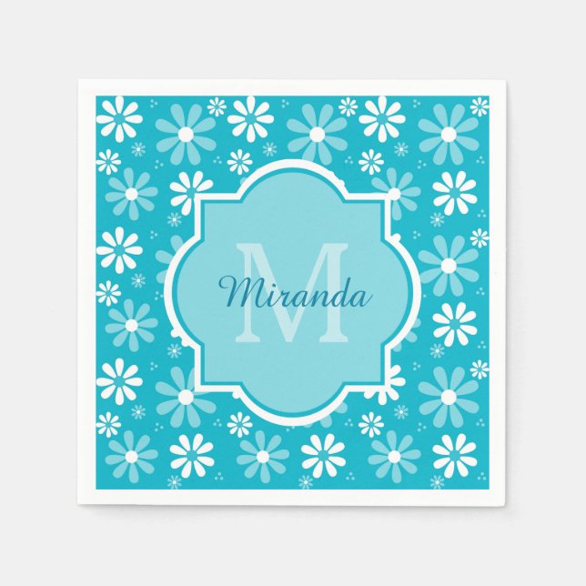 Girly Monogram Turquoise Daisy Flowers With Name Napkin (Front)