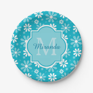 Girly Monogram Turquoise Daisy Flowers With Name Paper Plate