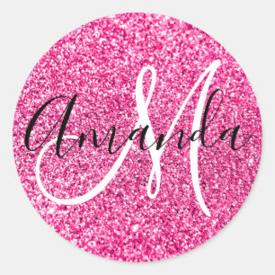 Girly Monogrammed Faux Hot Pink Glitter Classic Round Sticker