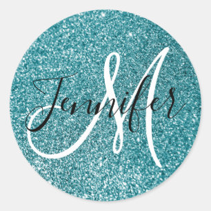 Girly Monogrammed Faux Teal Glitter Classic Round Sticker