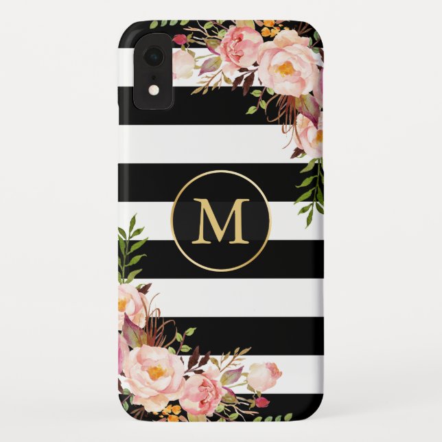Girly Monogrammed Gold Floral Black White Stripes Case-Mate iPhone Case (Back)